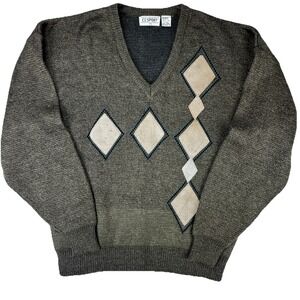 VTG CC Sport 3XLT Brown Argyle V-Neck Sweater Suede Diamond 80s 90s Grandpa Core